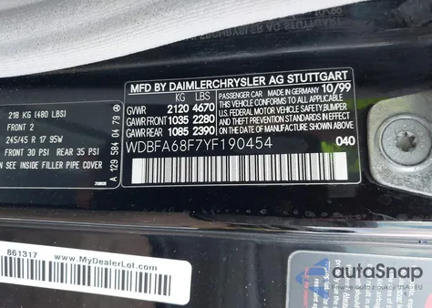 2000 Mercedes-Benz Sl 500 из США, поврежденный, VIN WDBFA68F7YF190454